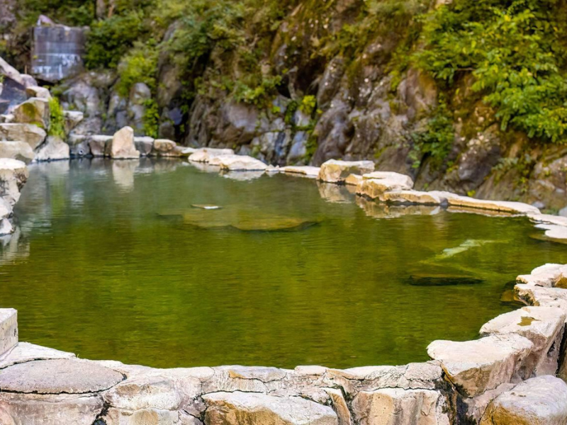 A peaceful outdoor hot spring surrounded by rocks and trees