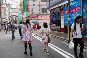 Women in maid outfits walking along Akihabara streets promoting cafes