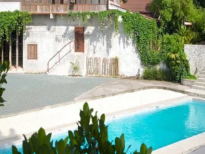 Serene outdoor swimming pool at Hacienda Isabella with lush greenery