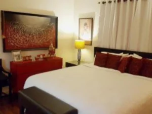 A modern bedroom with a cozy bed and decorative elements