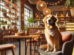 A golden retriever sitting on a chair inside a cozy, well-decorated cafe with warm lighting, wooden furniture, and plants in the background.