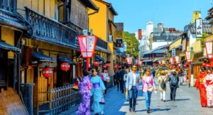 a virbant and bustling street of Gion District
