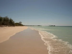 Peaceful empty beach with soft waves under a clear sky