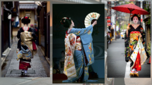 beautiful collage of geisha walking along the gion street and dancing on stage