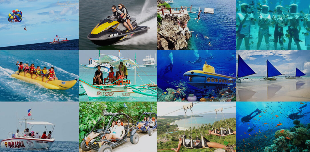 water activities to do at boracay - Travelpreneur A lively scene of people engaging in various water sports, such as parasailing, jet skiing, and paddleboarding, under a bright blue sky.