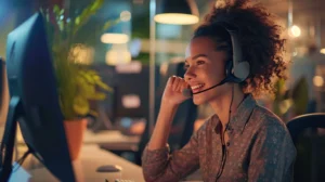 10 customer service - Travelpreneur a woman working at customer service happily talking using her headset to a presumably a customer