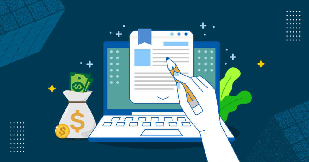 10 final thoughts - Travelpreneur a cartoon of a laptop with a floating blogging site and a hand holding a pencil as if writing on the floating window that is presenting the blog