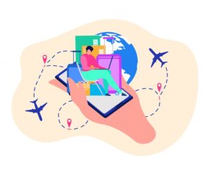 Travel-Smart Tips While Running Your Store presented with a vector image of a hand holding a phone and showing travelling icons