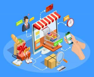 a vector image of online transaction e-commerce where a phone is portraying as a shop and a hand paying via online transaction
