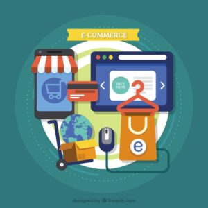 a vextor image of e-commerce presenting a monitor, bag, cellphone market and a card