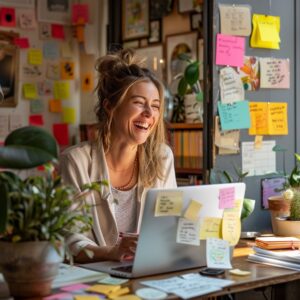 2 blogging niche - Travelpreneur a woman looking happily while working on her laptop