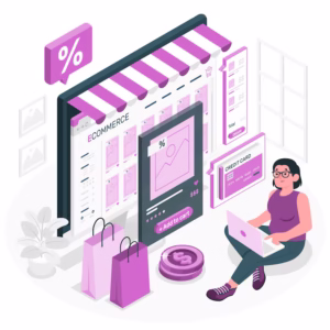 a vector of woman managing her e-commerce shop using her laptop and a huge monitor which looks like a shop is on the background