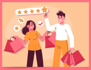 a vector portraying a happy customer and rating their experience 5 star