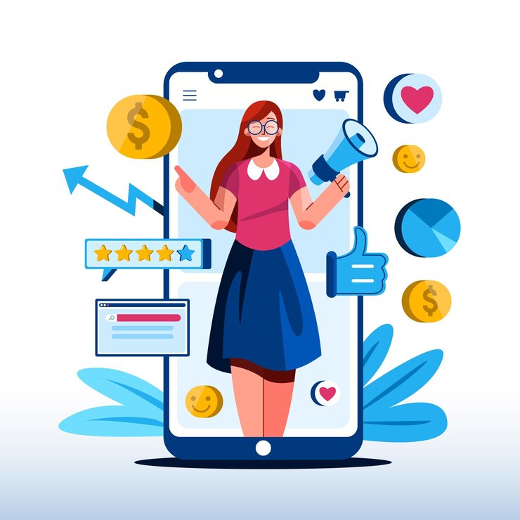 A vector of a a woman in front of a phone holding a megaphone and icons related to affiliating floating around her 
