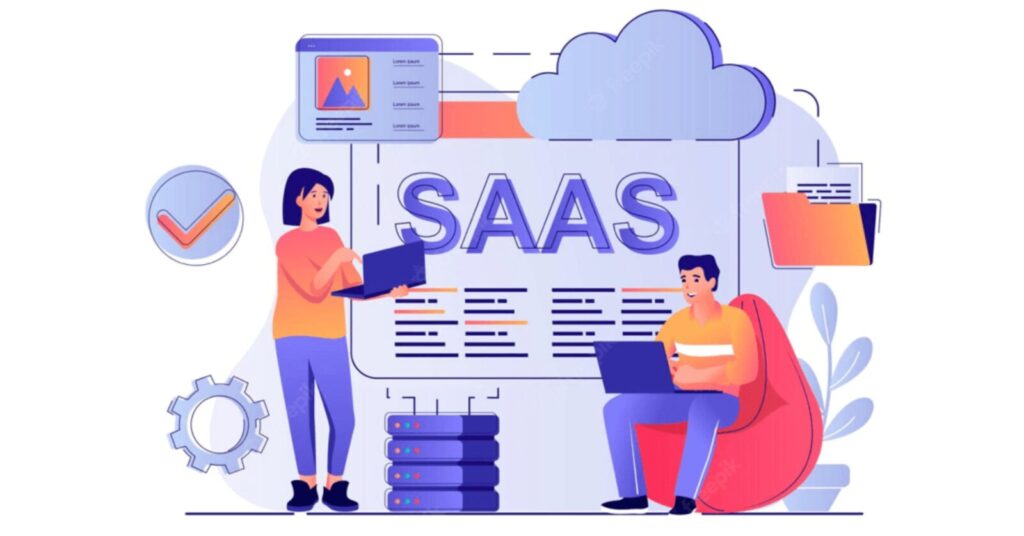 A vextor presenting SAAS and two persons using a laptop