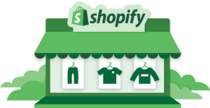 a monitor looking like a shop decorated with the color and logo of shopify