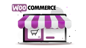 a monitor looking like a shop decorated with the logo and color of woocommerce