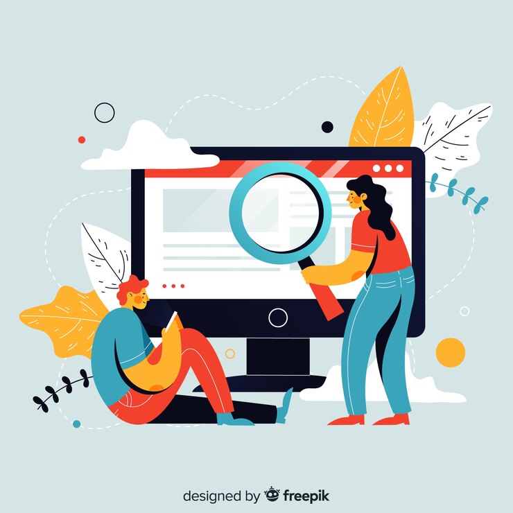 a woman and man searching for affiliated programs in front of a giant monitor 