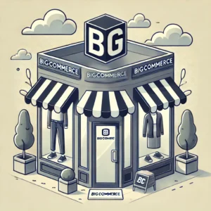a monitor looking like a shop decorated with the logo and color of big commerce