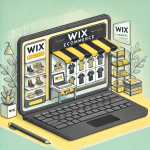 a monitor looking like a shop decorated with the logo and color of wix e commerce
