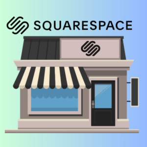 a monitor looking like a shop decorated with the logo and color of squarespace