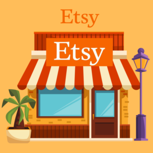 a monitor looking like a shop decorated with the logo and color of etsy