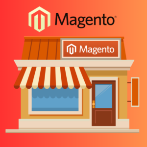 a monitor looking like a shop decorated with the logo and color of magento