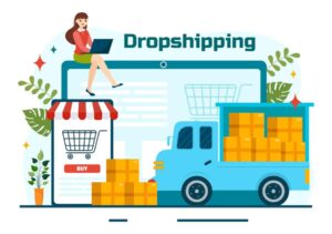 a vector image of dropshipping where a woman in sitting on top of a monitor while a truck and mobile market is under her