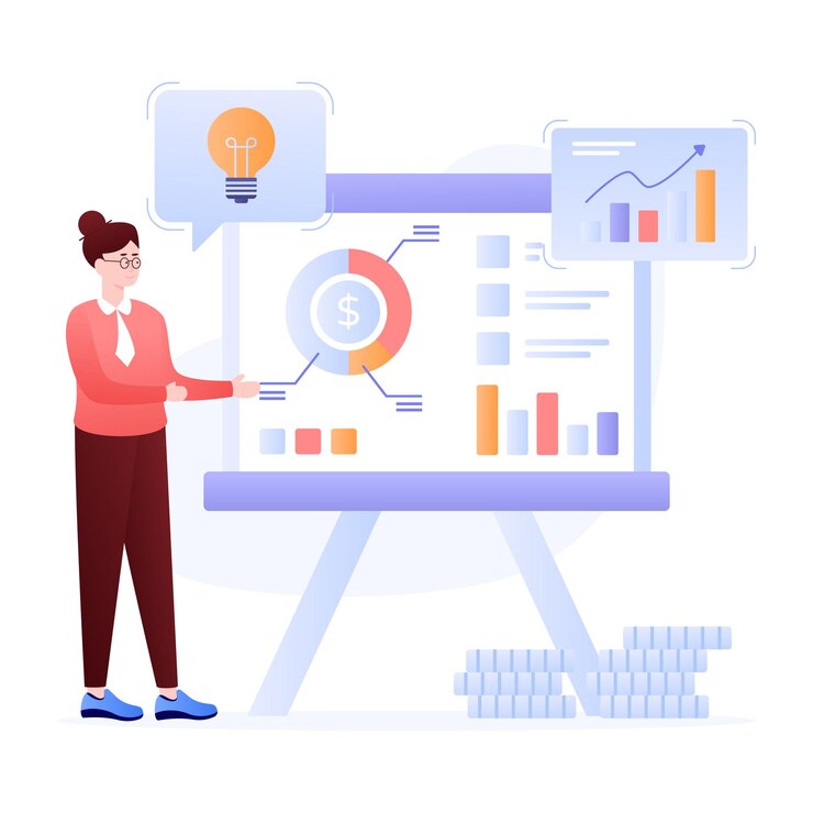 a woman analyzing data analystics on a board