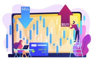 a laptop screen with two humans analysing option trading data