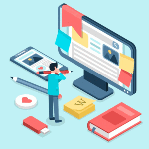 38 up content - Travelpreneur a vector of a man optimizing his online course content