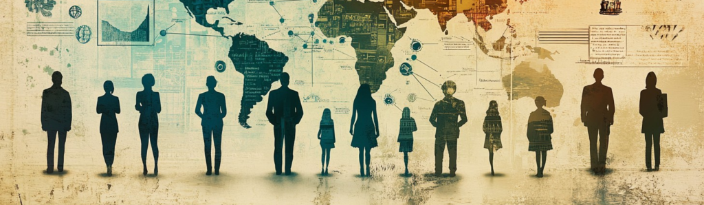 4 Audience - Travelpreneur different people of various age standing in line in front a map