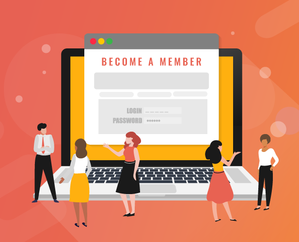 7 membership - Travelpreneur a monitor with a floating window open stating "Become a Member" while a small group of people are having a conversation in front of the monitor representing the online group community