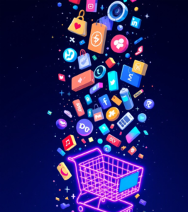 9 online market - Travelpreneur a glowing neon like cart with icons of various items showing online marketing