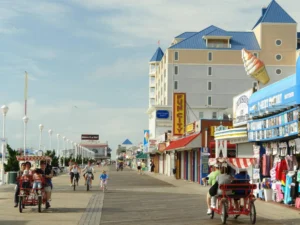 Cyclists and families enjoy shops along Ocean City boardwalk