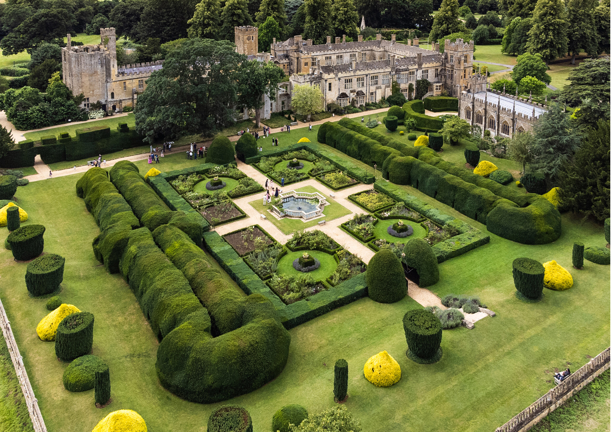 Sudeley Castle aerial view mainly featuring the Queen's Garden and the castle