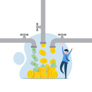 a8 - Travelpreneur a vector image of a man dancing in front of 3 different faucets producing money