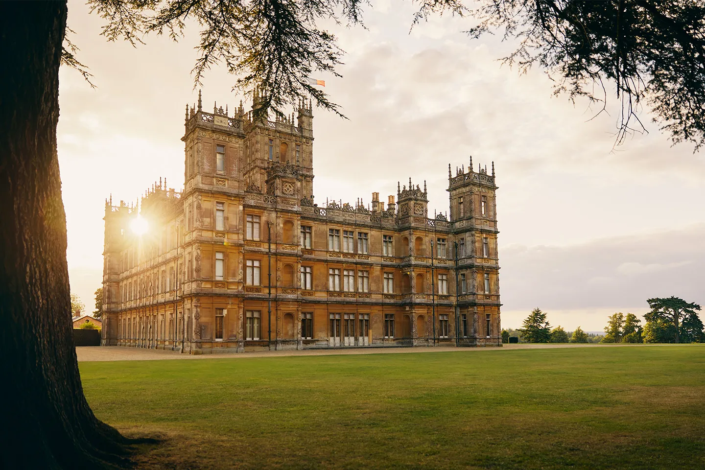 The side view of the highclere castle and garden
