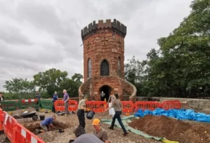 Shrewsbury Castle Laura's Tower and staff in works of doing maintenance work