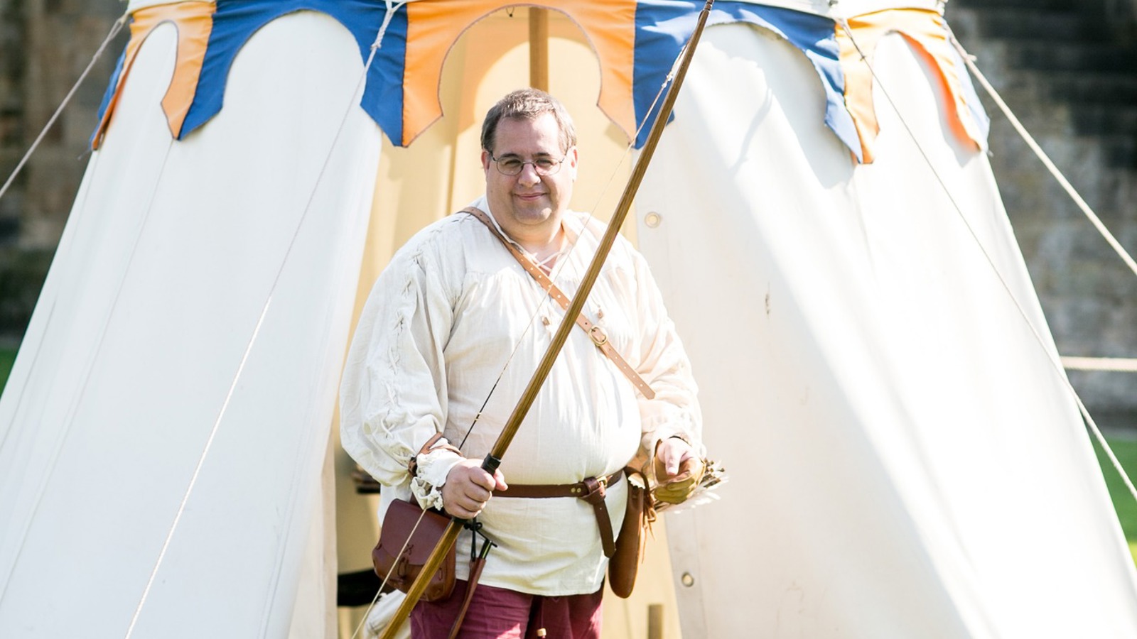 The master Longbow staff at Alnwick Castle Medieval getting ready for Longbow Demonstrations