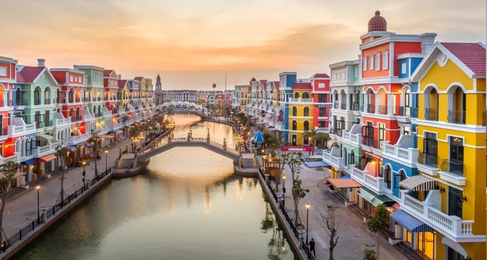 Phu Quoc Island Grand World iconic bridge ,river, and colorful buildings