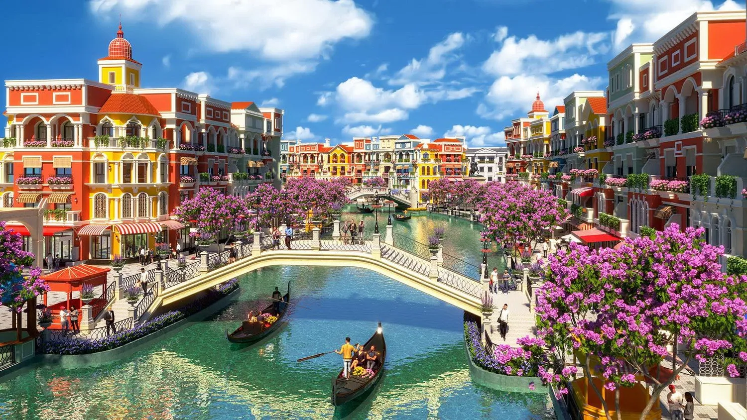 Grand World Phu Quoc Vietnam stunning spring time with flowers and grandola on the river