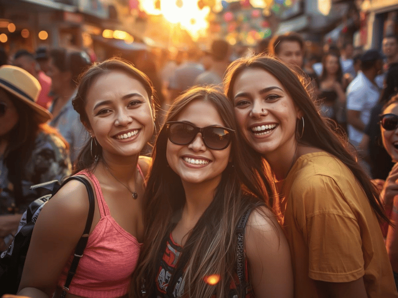 Three friends smile for photo at street festival sunset, Holidays in the Philippines party vibes