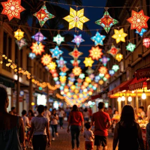 Crowds walk under glowing parol lanterns on city street, Holidays in the Philippines night market