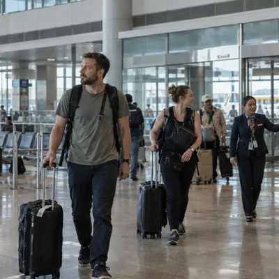 International tourists walk through a Philippine airport arrivals terminal with their luggage as an airport employee assists arriving passengers