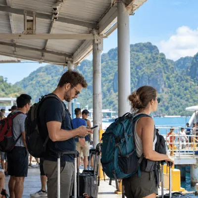 Two foreign tourists wait with backpacks and rolling luggage at a covered ferry terminal overlooking the tropical coastline of the Philippines