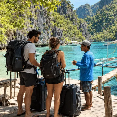 Two tourists with backpacks and luggage speak with a local boat operator beside a traditional outrigger boat surrounded by turquoise waters and limestone cliffs in Palawan, Philippines