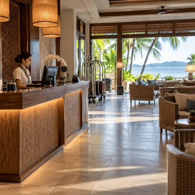 A hotel receptionist works at the front desk of a quiet Philippine coastal resort, with empty lounge chairs and tropical scenery visible in the background