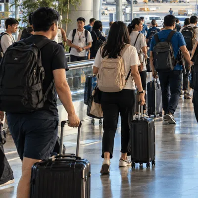 Regional Airport Travelers - Travelpreneur Travelers carrying backpacks and rolling suitcases walk through a busy airport terminal alongside other passengers heading toward their destinations